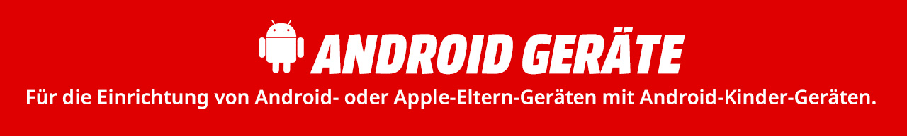 Roter Banner mit weißem Android-Logo und Text „Android Geräte“. Darunter steht ein kleinerer Text über die Einrichtung von Geräten.