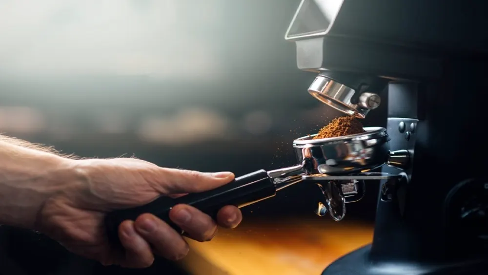 Eine Hand hält einen Siebträger unter eine Kaffeemühle, aus der Kaffeepulver in den Siebträger rieselt.