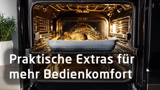 Ein geöffneter, beleuchteter Ofen mit Rost. Darauf eine graue Auflaufform mit einem Gericht und Kräutern. Links eine Pflanze im Topf.