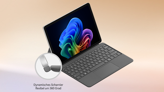 Surface Pro 12 Zoll mit schwarzer Tastatur und Hinweis "Dynamisches Scharnier flexibel um 360 Grad".