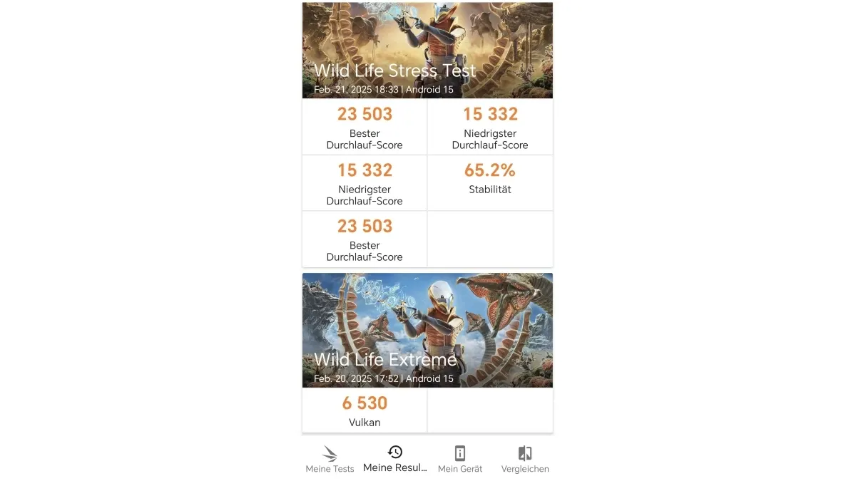 Screenshots der Benchmark-Ergebnisse des Wild Life Stress Test und Wild Life Extreme für das Honor Magic7 Pro.