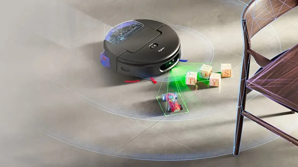Der Dyson Spot+Scrub Ai erkennt auf einem Fußboden verschiedene Hindernisse.