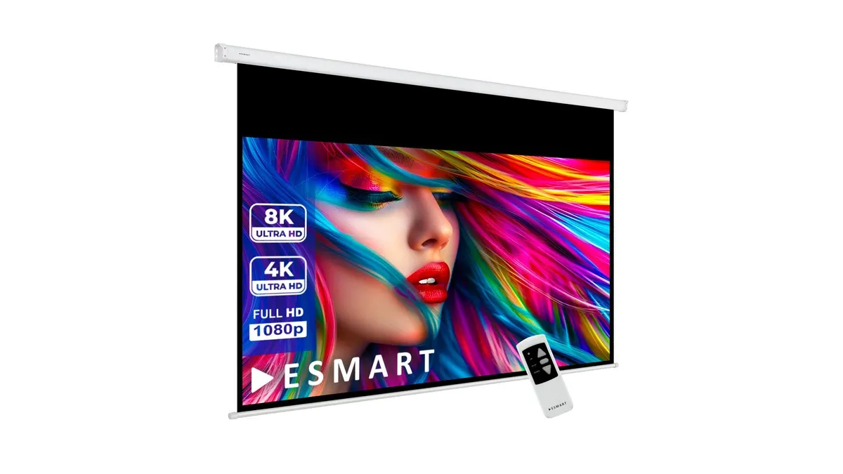 Die Esmart Professional Mimoto Motorleinwand vor einem weißen Hintergrund.