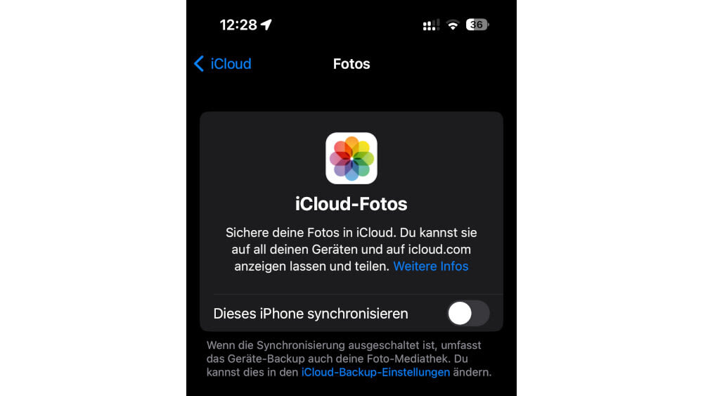 Ein Screenshot von den iCloud-Fotos-Einstellungen bei einem iPhone.