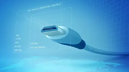 Auf blauem Hintergrund befindet sich ein weißes HDMI-Kabel mit Textfeldern, die technische Details beschreiben.