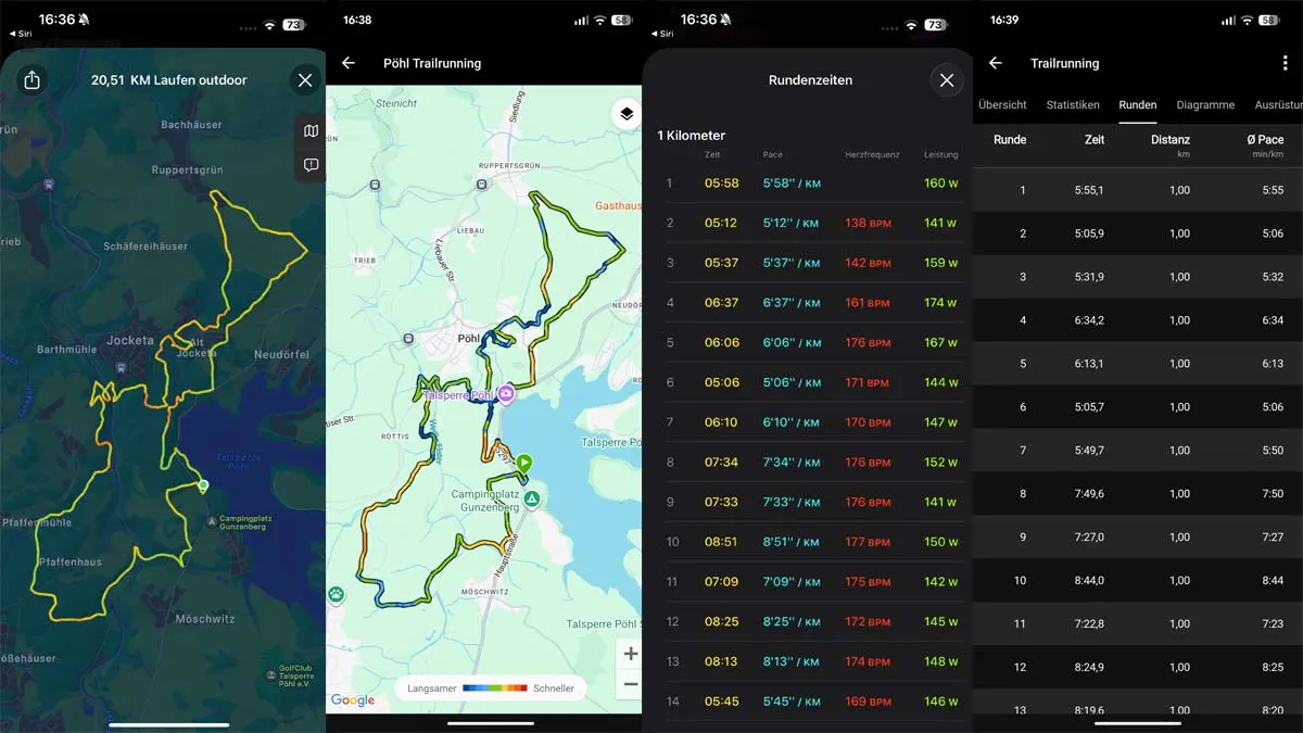 Vier Screenshots zeigen die GPS-Aufzeichnungen und Rundendaten von Apple Watch Ultra 3 und Garmin Forerunner 265S.