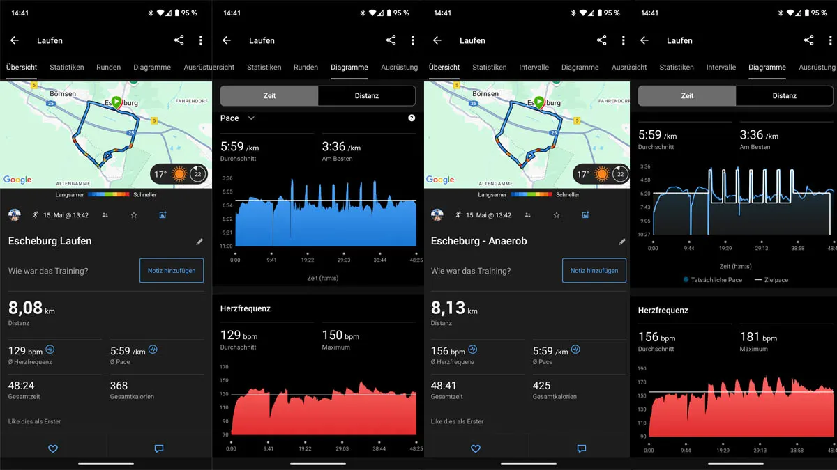 Vier Screenshots einer Lauf-App zeigen Karten, Diagramme zu Tempo, Herzfrequenz und Distanz, mit Daten zu Läufen in Escheburg.