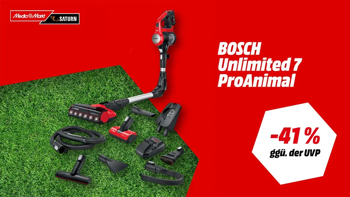 Der Bosch BKS711PET Unlimited 7 ProAnimal und Hinweis auf 41 Prozent Rabatt bei MediaMarkt.