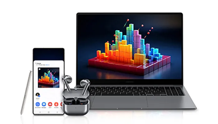 Ein Laptop, ein Smartphone mit Stift und Kopfhörer sind vor einem weißen Hintergrund zu sehen. Bunte Grafik auf Bildschirmen.