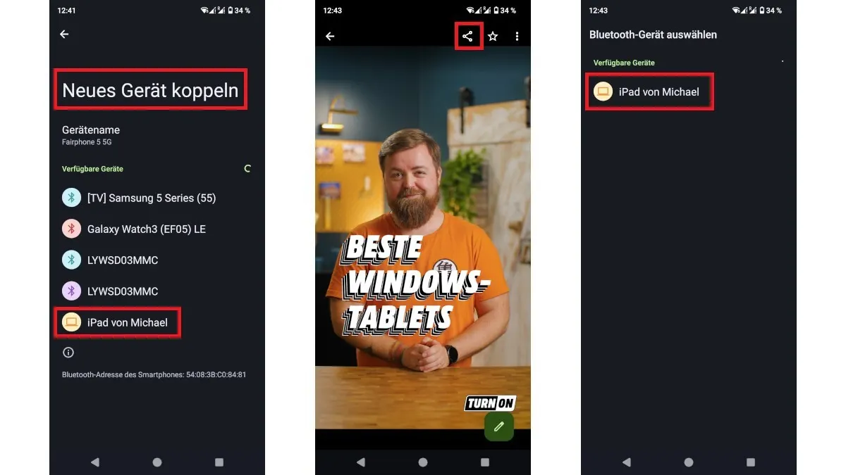 Drei Smartphone-Bildschirme zeigen Bluetooth-Einstellungen: Gerätekopplung, Video mit Text und Geräteauswahl. Aufgelistete Geräte sind Samsung TV und iPad.
