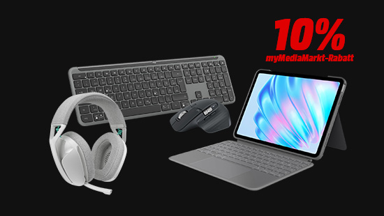 Graues Logitech-Zubehör-Set aus Tastatur, Maus, Headset und Tablet-Keyboard-Case mit Hinweis „10 % myMediaMarkt-Rabatt“