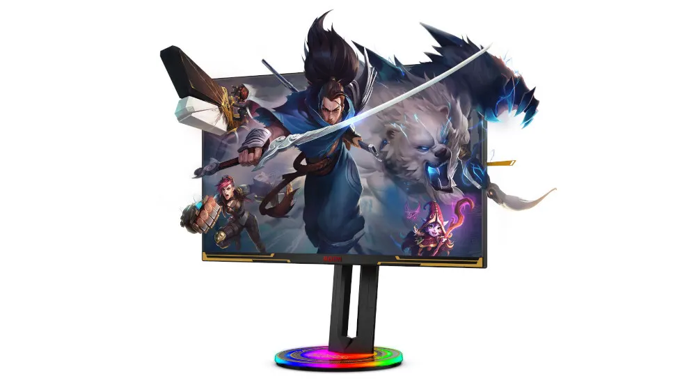 Ein schwarzer Monitor auf einem runden, mehrfarbigen Sockel zeigt ein Fantasy-Spiel mit Kriegern und einem weißen Wolf.