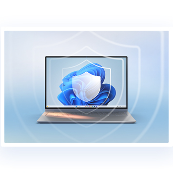 Laptop mit blauem, abstraktem Hintergrund und Schildsymbol auf dem Bildschirm, vor einem hellblauen Hintergrund.