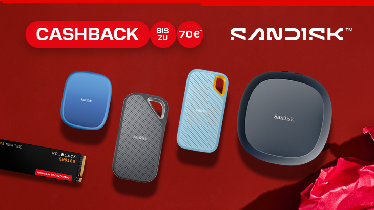 Werbebanner auf rotem Hintergrund mit SanDisk- und WD_BLACK-Speichermedien und Hinweis auf Cashback bis zu 70 €.