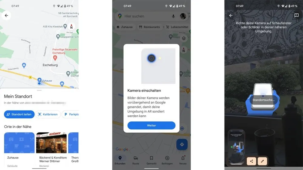 Drei Screenshots: Google Maps Standortanzeige, Hinweis „Kamera einschalten – Bilder werden zur AR-Umgebungssortierung gesendet“, Kameraansicht mit AR-Overlay „Standortsuche“.