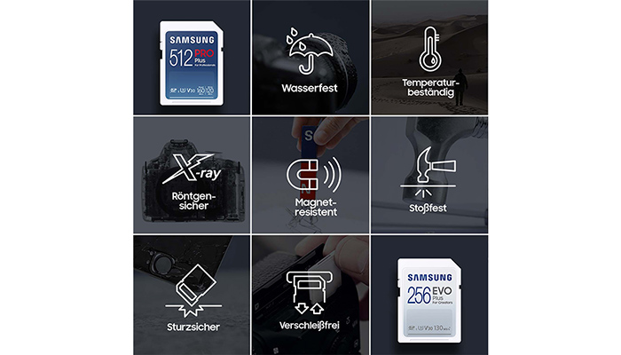 Neun Felder zeigen Eigenschaften von Samsung Speicherkarten: wasserfest, temperaturbeständig, röntgensicher, magnetresistent, stoßfest, sturzsicher und verschleißfrei.