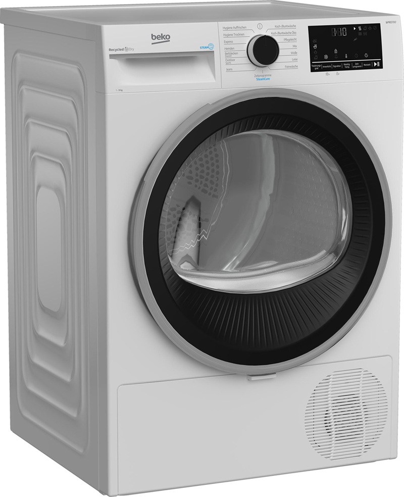 BEKO B5T68219 hőszivattyús szárítógép ferde elölnézetben, modern kezelőpanellel, nagyméretű körablakkal és fehér házzal.