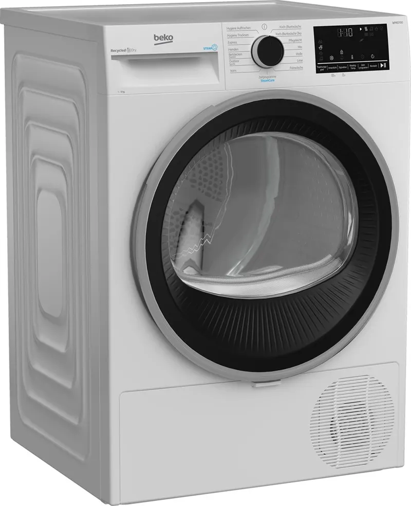 BEKO B5T68219 hőszivattyús szárítógép ferde elölnézetben, modern kezelőpanellel, nagyméretű körablakkal és fehér házzal.