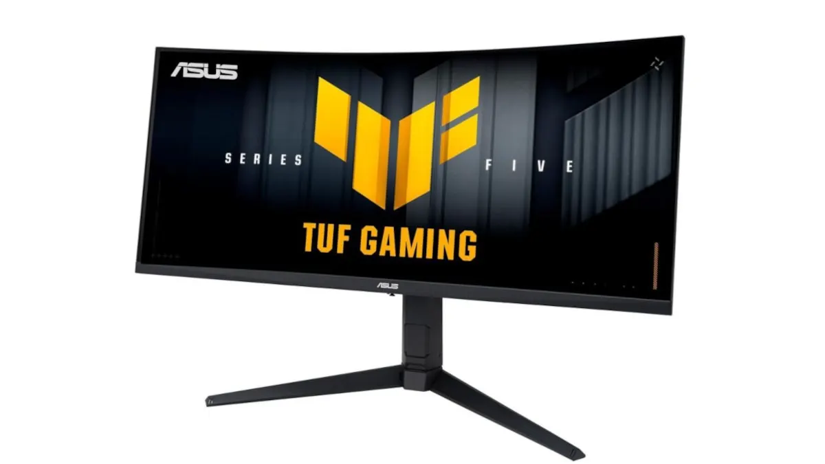 Der Curved-Monitor Asus TUF Gaming VG34WQML5A vor weißem Hintergrund.