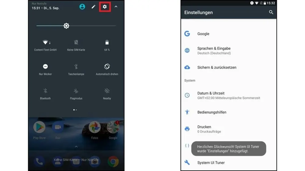 Zwei Screenshots eines Android-Telefons, die Menüs für Schnelleinstellungen und Systemeinstellungen anzeigen.