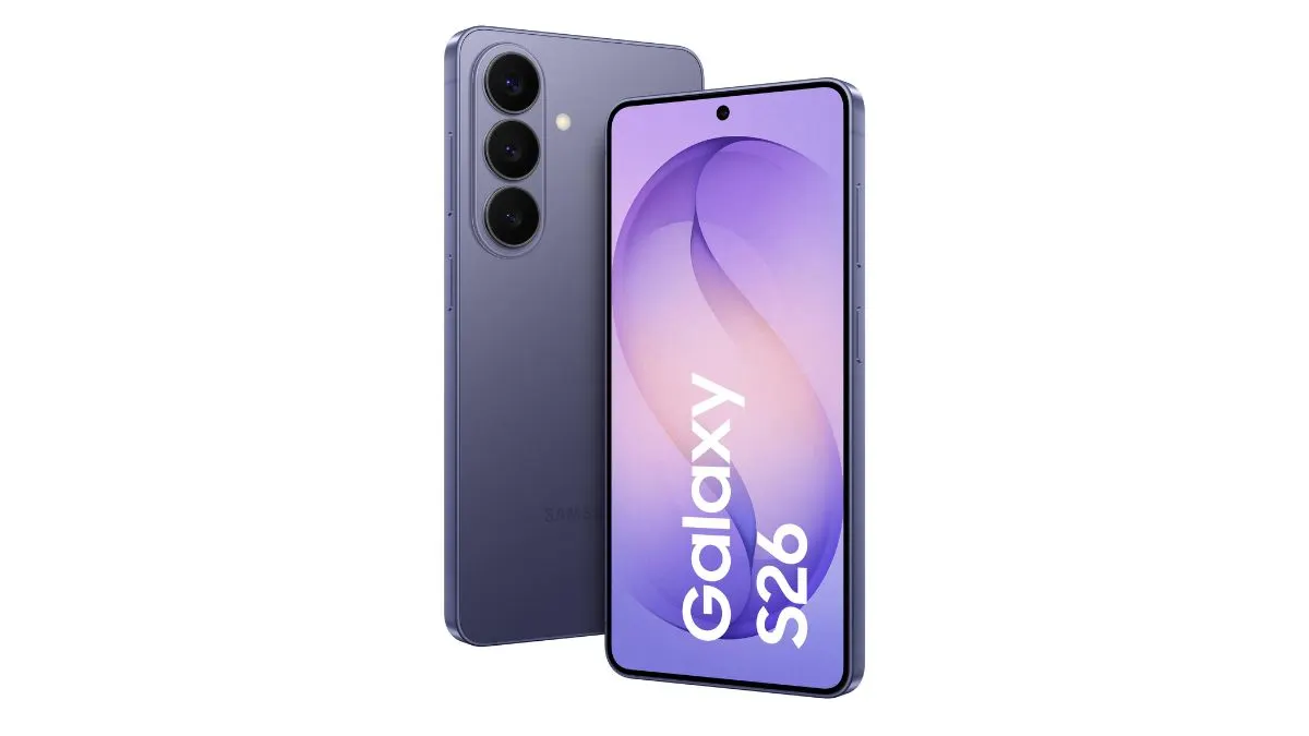 Das Samsung Galaxy S26 in der Farboption Cobalt Violett vor weißem Hintergrund.