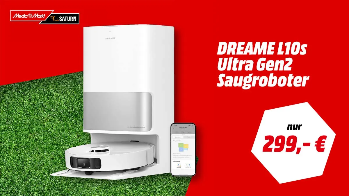 Der Dreame L10s Ultra Saugroboter in der Farbe Weiß und Hinweis auf Aktionspreis 299 Euro bei MediaMarkt.