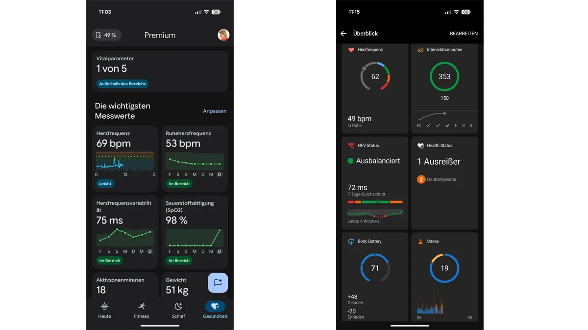 Zwei App-Screenshots zeigen die Gesundheitsübersichten in der Google-Health-App und bei Garmin Connect.