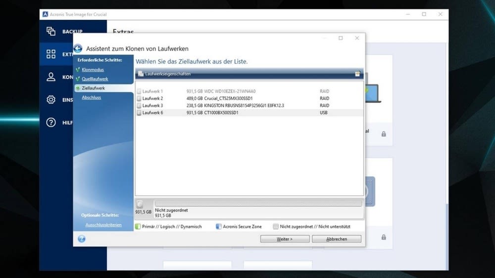 Laufwerkseigenschaften sind in der Acronis-Software geöffnet