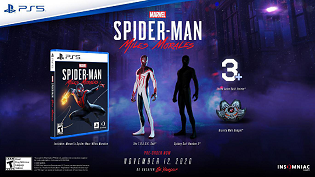 Marvels Spider Man Miles Morales auf einem Gaming Hintergrund in Lila und einer Disk Box im Vordergrund