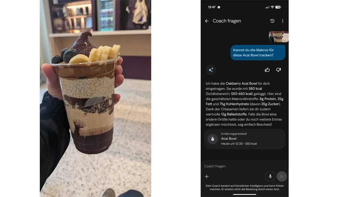 Links: Franzi hält eine Açai-Bowl in der Hand; rechts: Screenshot des Makro-Trackings der Bowl in der Health-App.