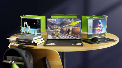 Auf einem runden Tisch stehen mehrere Laptops mit Nvidia-Grafikkarten.