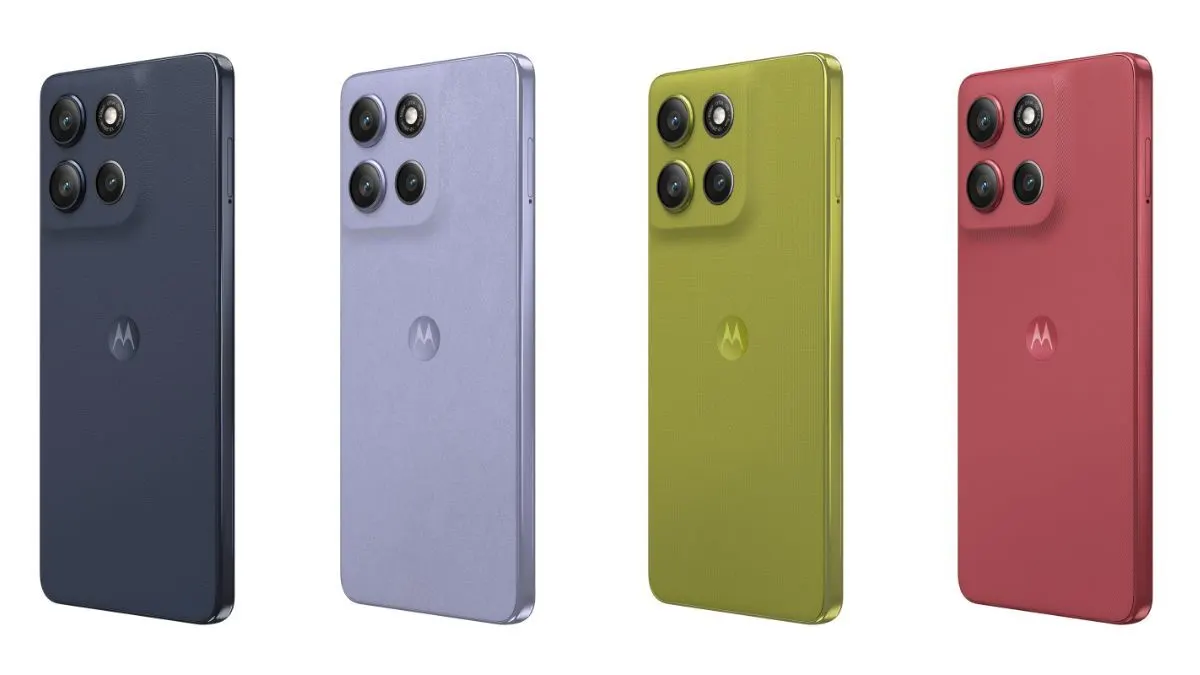 Vier Motorola moto g86 5G Smartphones in verschiedenen Farben vor weißem Hintergrund.