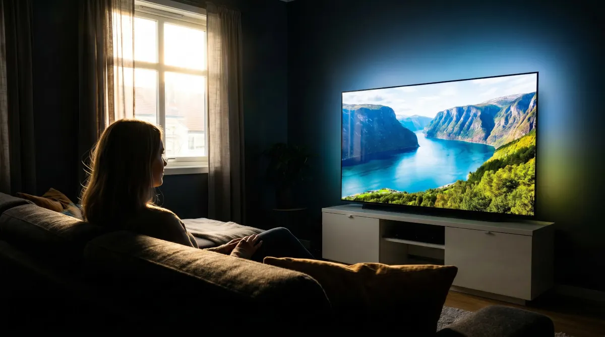 Eine Frau schaut eine Naturszene auf dem TV in einem abgedunkelten Raum.