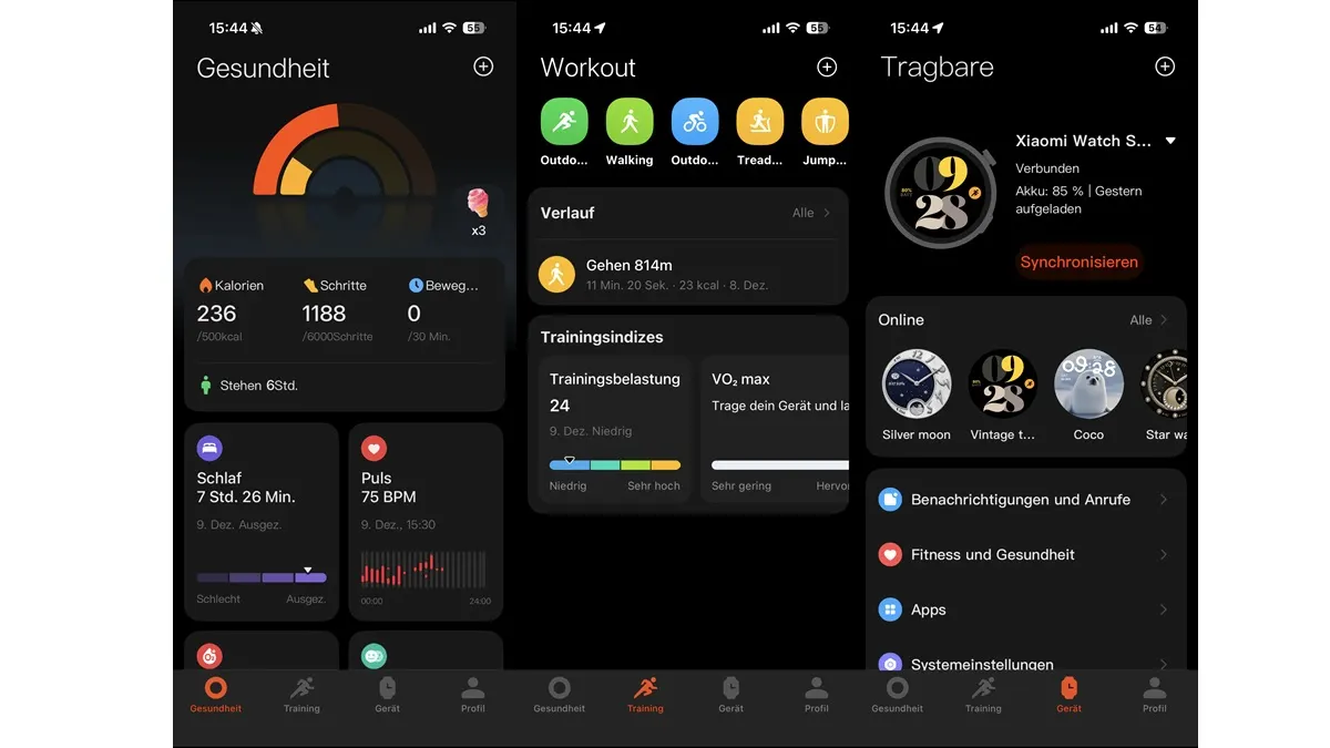 Die verschiedenen Menüpunkte der Xiaomi-App Mi Fitness.