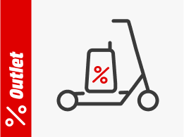Walkie-Talkie mit Prozent-Icon, dahinter ein E-Scooter. Links steht auf rotem Hintergrund „Outlet“ mit einem Prozentsymbol.