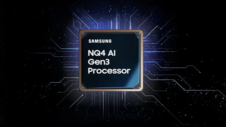 Segelboot auf dem Wasser mit Overlay eines Samsung Neural Quantum Prozessor 4K Chips und blauen Leiterbahnen.