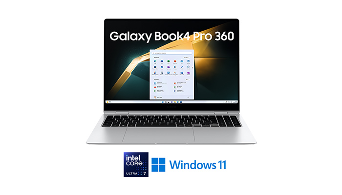 Ein Galaxy Book4 Pro 360 mit geöffnetem Windows11 Startmenü, umgeben von Logos für Intel Core Ultra7 und Windows 11.