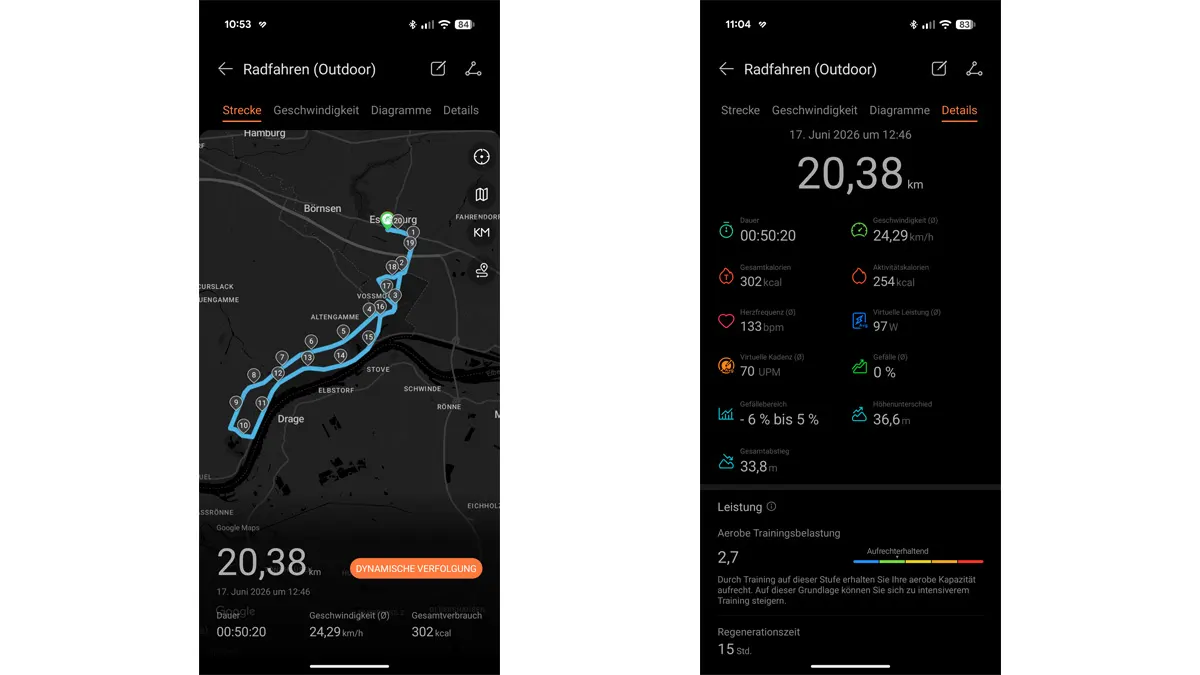 Zwei Screenshots zeigen die Daten einer Radtour – links: Google Health, rechts: Garmin Connect.