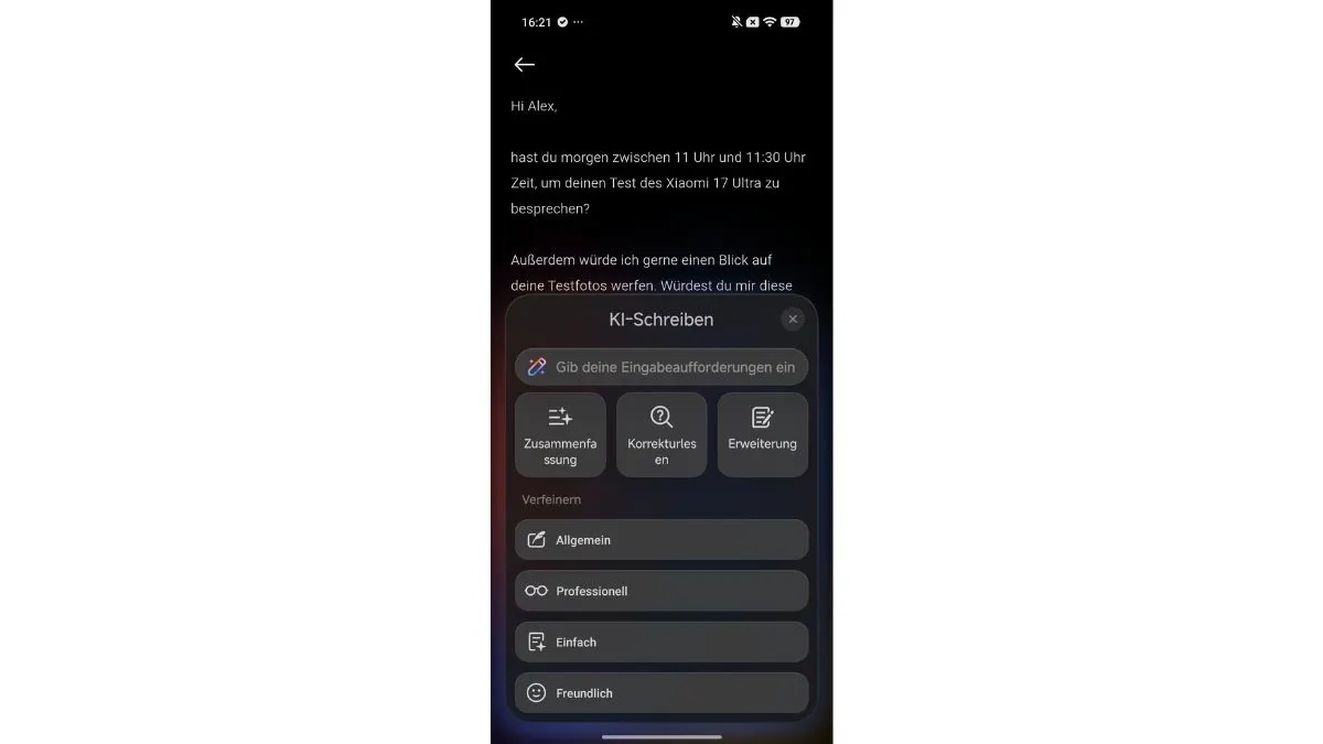 Screenshot eines Texts in der Notizen-App des Xiaomi 17 Ultra. Darüber liegt das Menü des KI-Schreibassistenten.