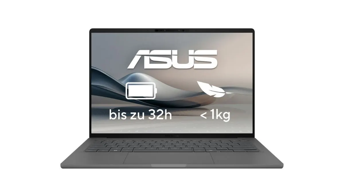Das Notebook Asus Zenbook A14 vor weißem Hintergrund.