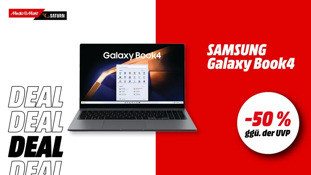 Samsung Galaxy Book4 Notebook in Grau mit 15,6-Zoll-Display, aktuell mit -50 % (ggü. der UVP) reduziert.