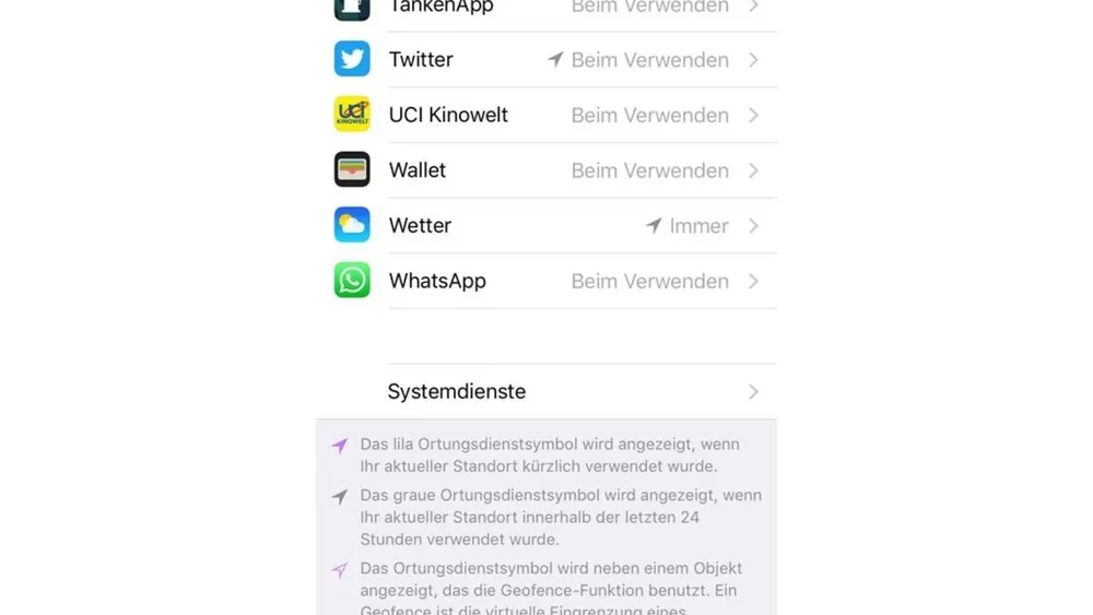 Ein Screenshot der iPhone Systemdienst-Einstellungen.