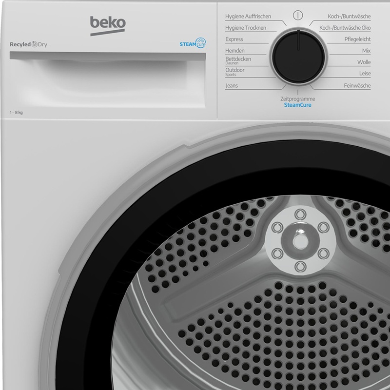 A BEKO B5T68219 hőszivattyús szárítógép részletes nézete programválasztóval, dobtérrel és áttekinthető kezelési koncepcióval.
