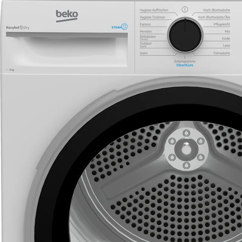 A BEKO B5T68219 hőszivattyús szárítógép részletes nézete programválasztóval, dobtérrel és áttekinthető kezelési koncepcióval.