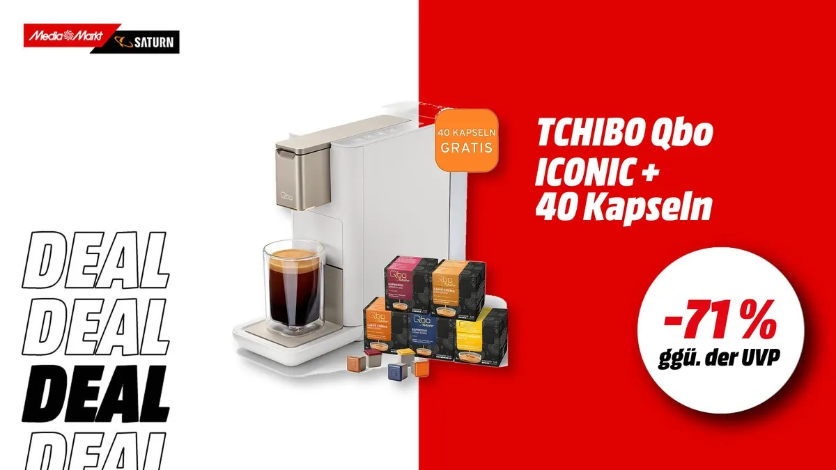 Tchibo Qbo ICONIC Kapselmaschine in Weiß mit 40 Kapseln, kompaktes Design für Küche und Büro.