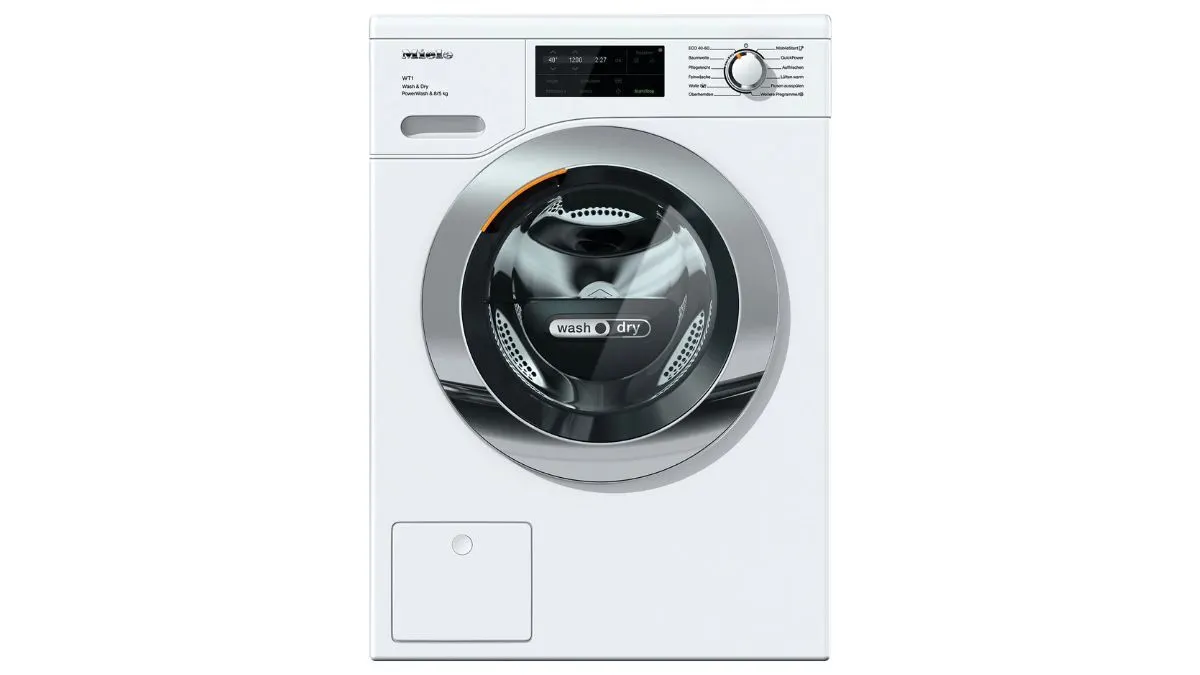Der Waschtrockner Miele WTI360 WPM PWash vor weißem Hintergrund.
