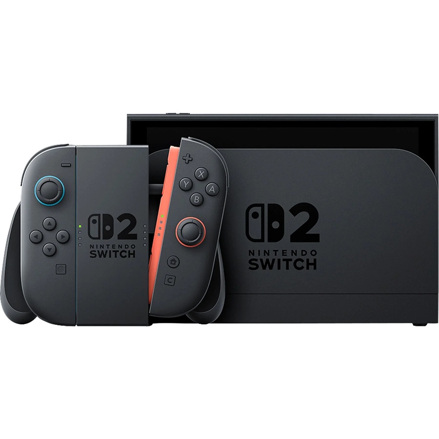 NINTENDO Switch 2 Konsole in der Dockingstation, mit beiden Joy-Con-Controllern außen befestigt und dem gut sichtbaren Switch 2 Logo auf den Geräten.