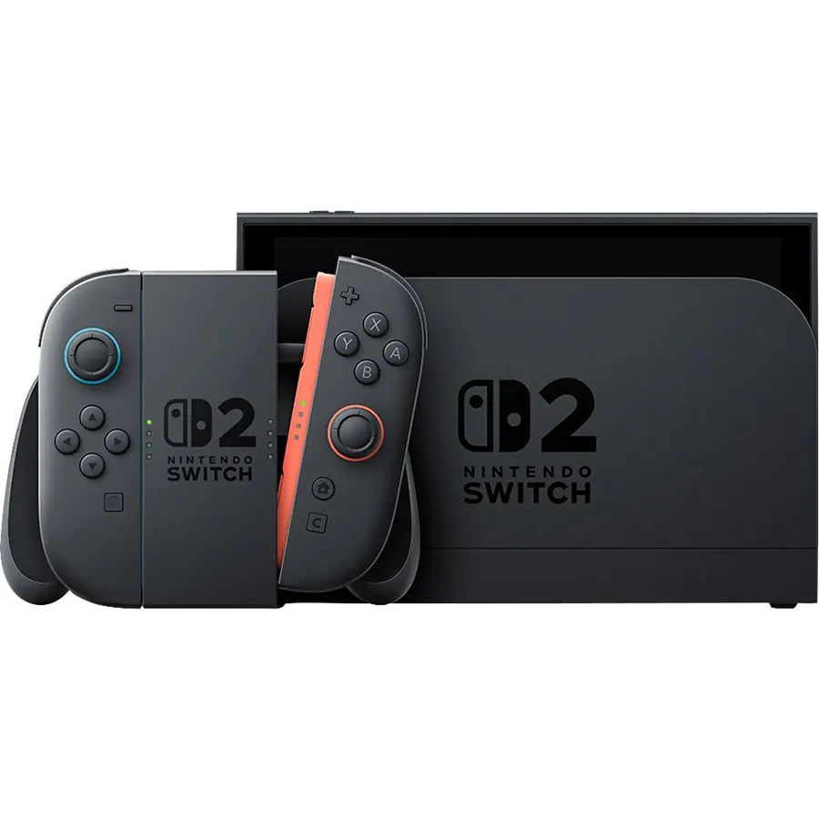 NINTENDO Switch 2 Konsole in der Dockingstation, mit beiden Joy-Con-Controllern außen befestigt und dem gut sichtbaren Switch 2 Logo auf den Geräten.