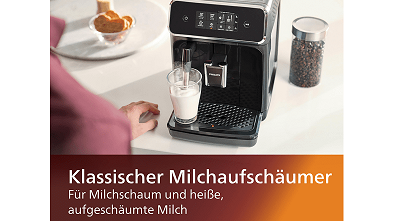 PHILIPS EP2220/40 Serie 2200 Kaffeevollautomat Vorderansicht mit aufgeschäumter Milch und Überschrift: Klassischer Milchaufschäumer