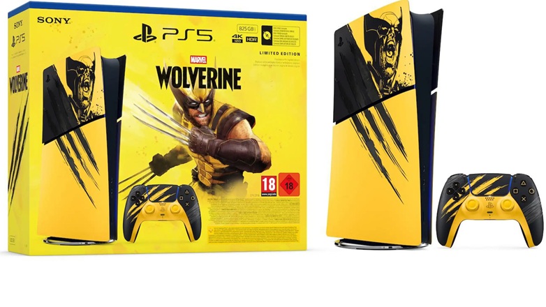 SONY PS5 Marvel's Wolverine Limited Edition Bundle: Gelb-schwarze Originalverpackung mit Wolverine-Porträt, 1TB-Konsole, DualSense-Controller, Ansicht von vorne und Seite